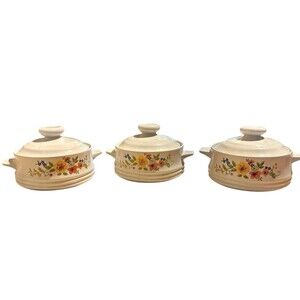 Vintage Casserole set 3 w lids Sweet Flowers Bake Serve'n Store Stoneware 1980
